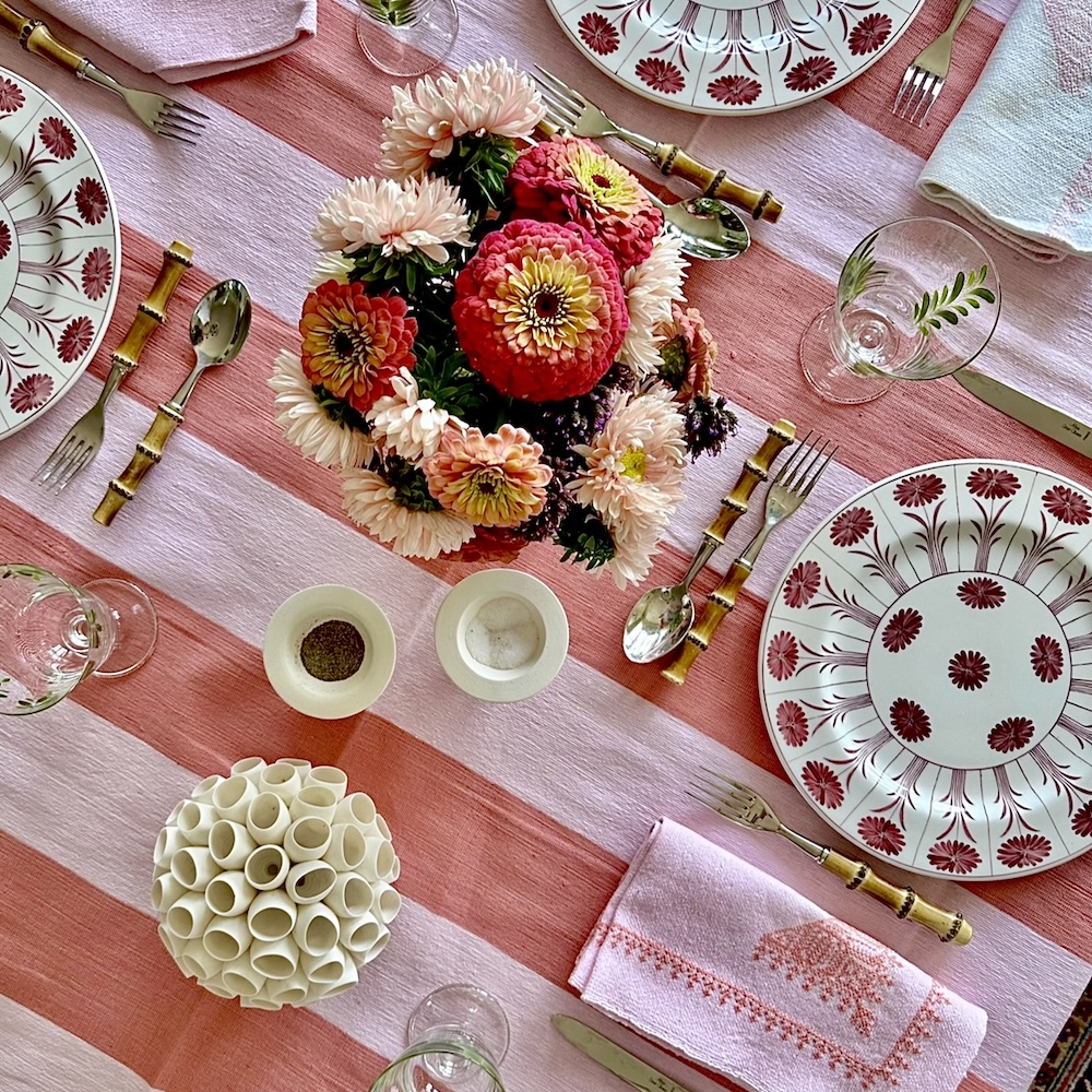 Lunch in Tangier Wide Striped Tablecloth Papaya/Pink