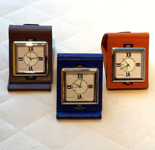 Verdura accessories | leather folding travel alarm clock