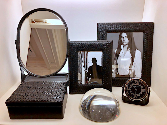 Ralph Lauren Home Brennan leather Vanity Mirror and Adrienne woven leather frames and box