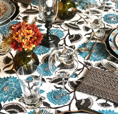 Thanksgiving table, Peter Fasano tablecloth and napkins copy