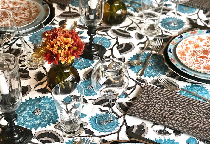 Thanksgiving table, Peter Fasano tablecloth and napkins copy