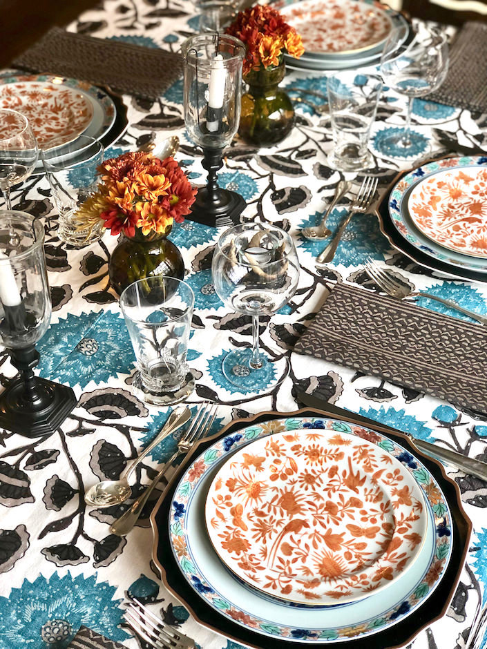 Thanksgiving table, Peter Fasano tablecloth and napkins